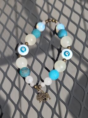 Evil Eye Beaded Bracelet with Elephant Charm -  Agate, Jade, Quartz, Opal, Shell
